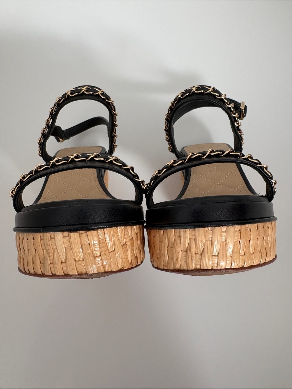 CHANEL Black 20C Leather CC Chain Wicker Wedge Sandal EU 38 / US 8 - Picture 4 of 7